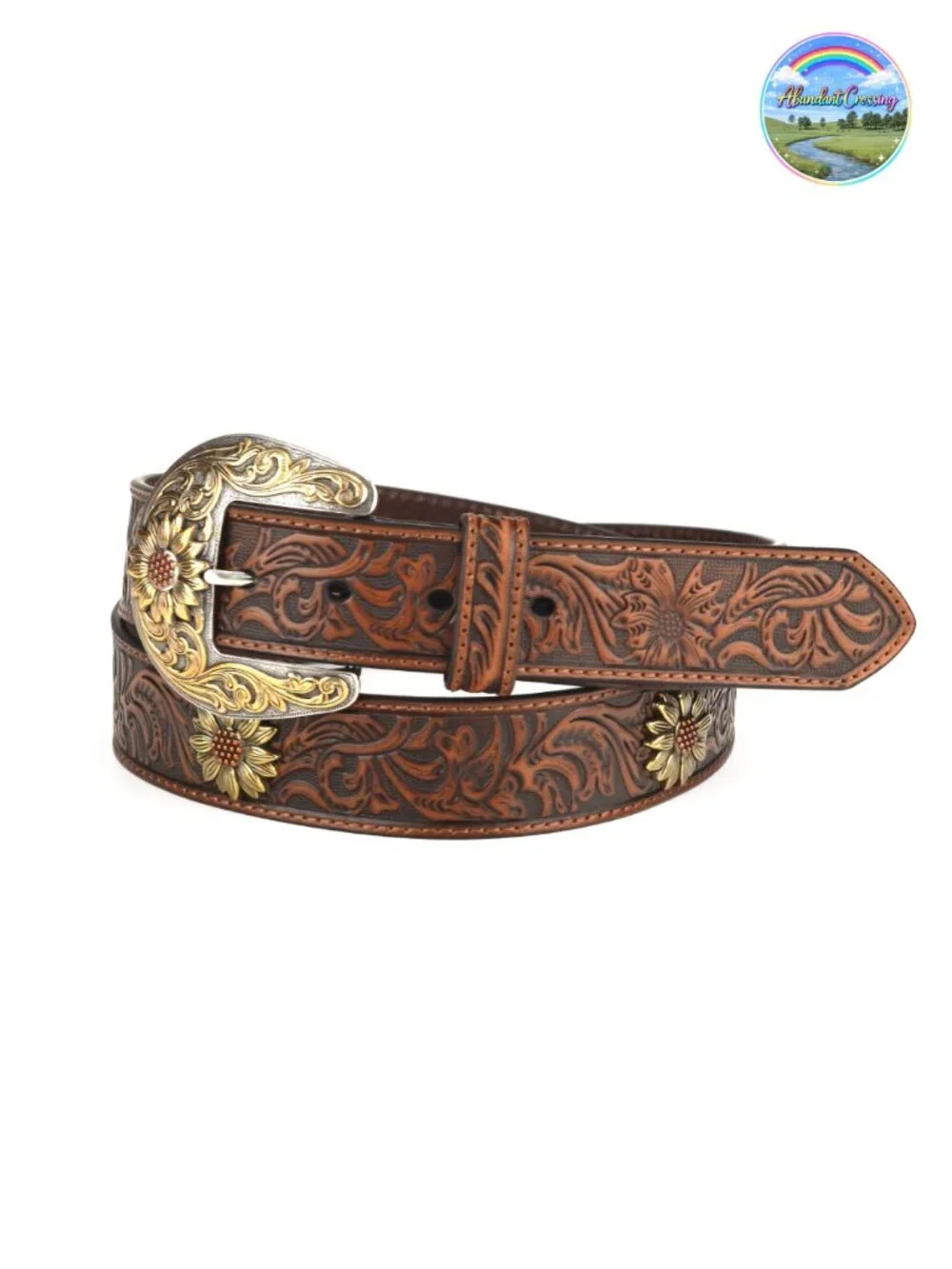 Genuine Leather Floral Tooled Western Belt with Concho Buckle 1.5in